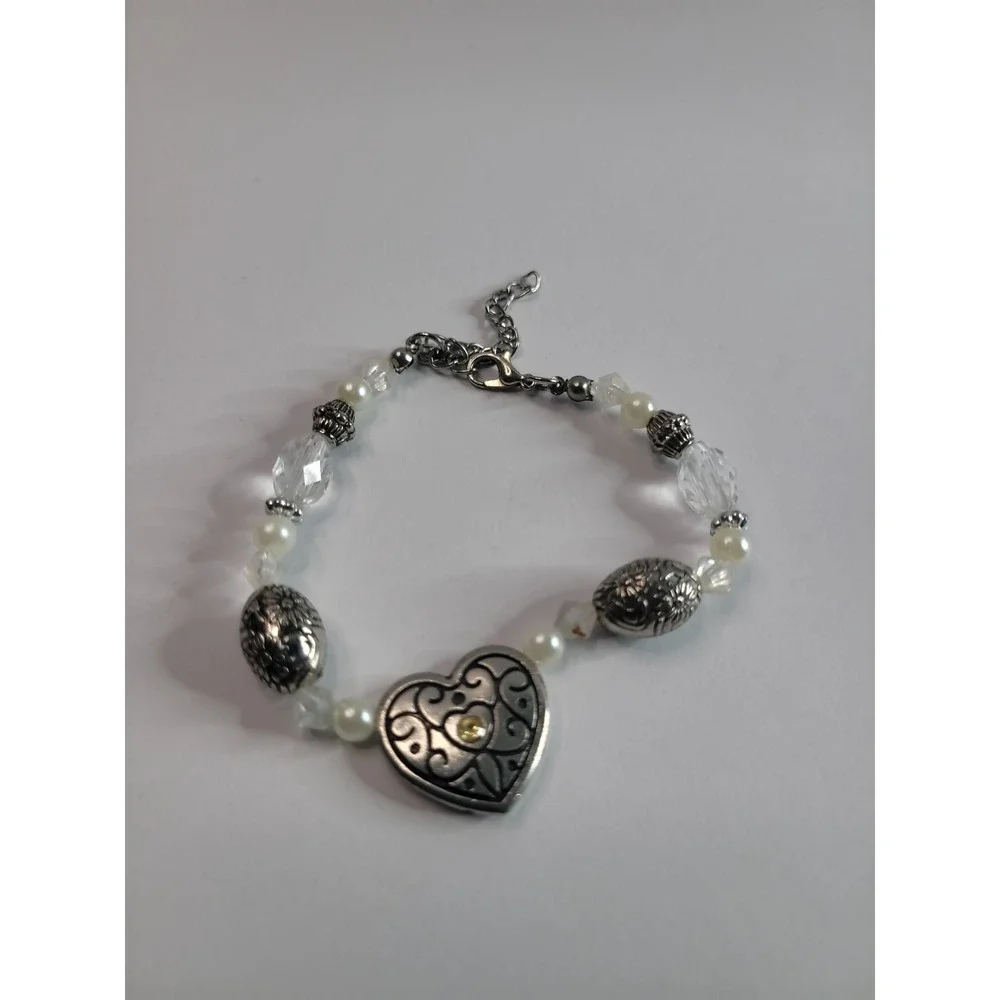 Silver-Tone Heart Charm Beaded Bracelet with Faux Pearls and Clear Faceted Beads